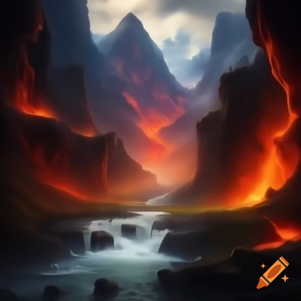 Fantasy art depicting two volcanoes with a lava river in canyon