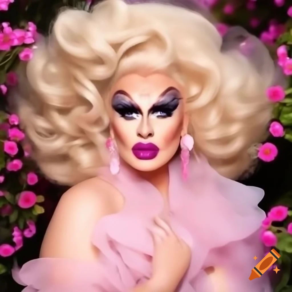 Nature themed drag queen promo look with floral patterns and ruffles on
