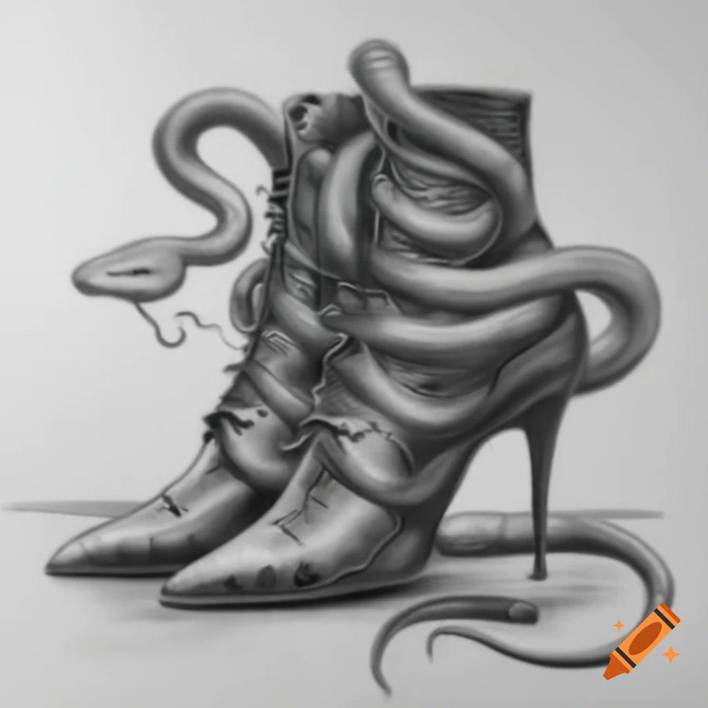 Realistic pencil sketch of snake skin boots with snakes, depicting a scary and mystical vibe