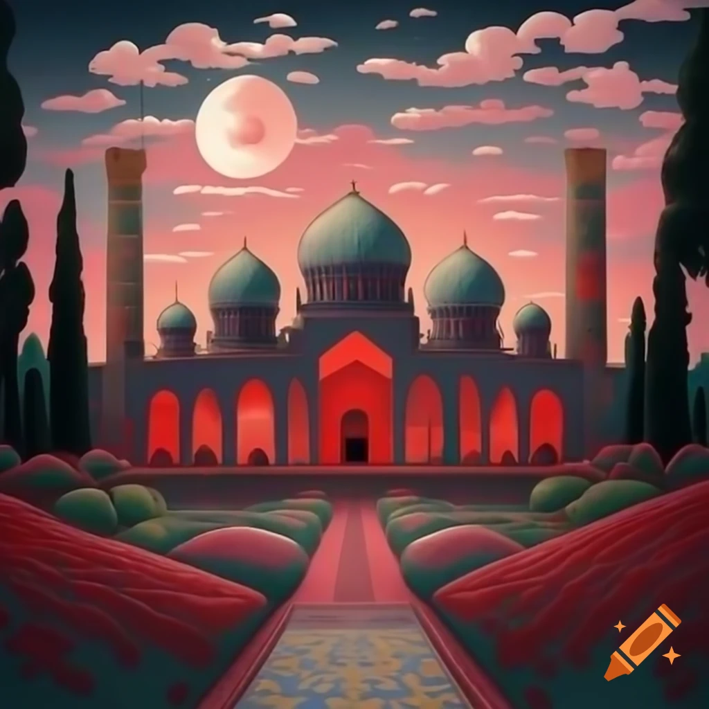 Persian domes and arches in flower garden with cypress trees and detailed moon, ukiyo-e style