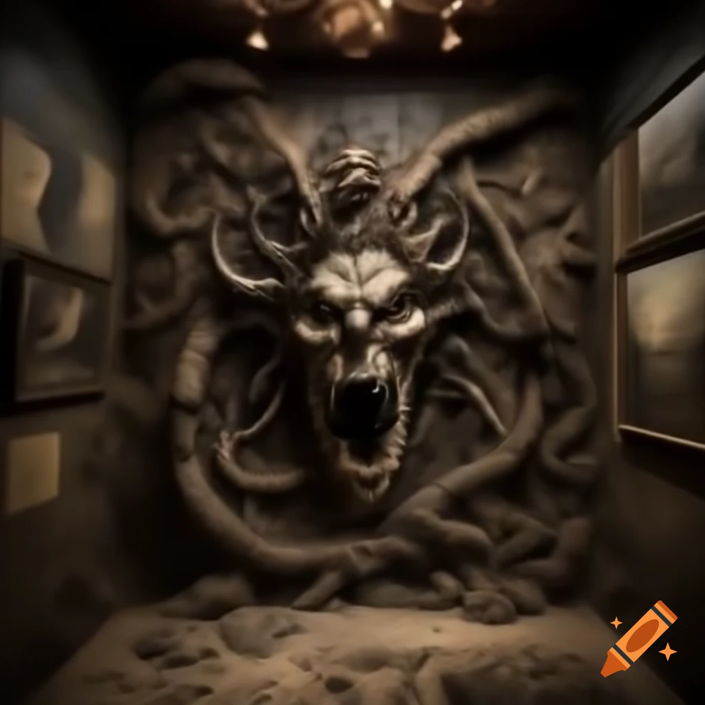 Realistic scary house interior with large room featuring demonic drawings on walls