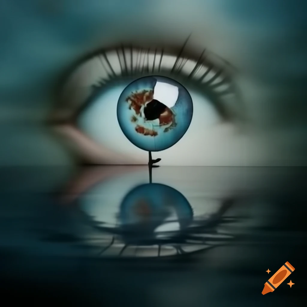 Surreal artwork of a floating human eyeball with reflection in mirror