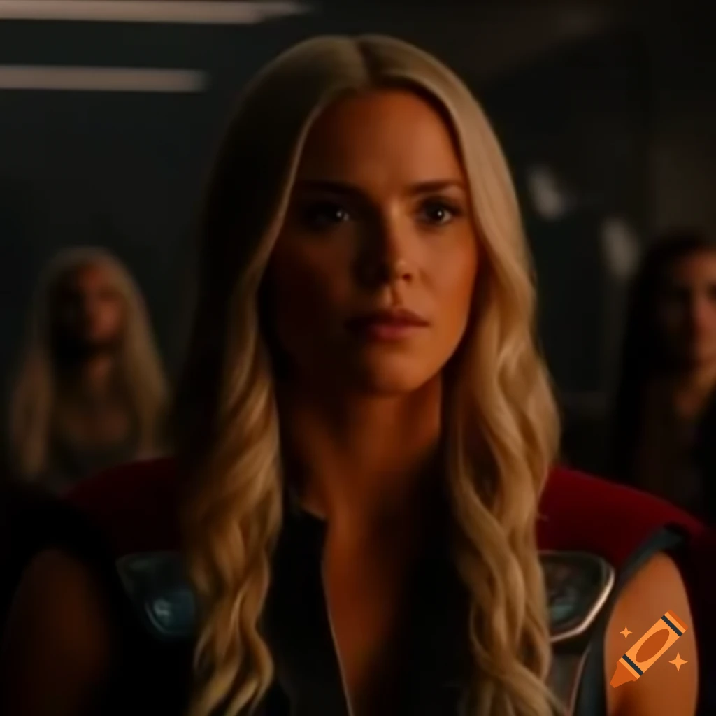 Katie McGrath styled as Thor in heroic pose