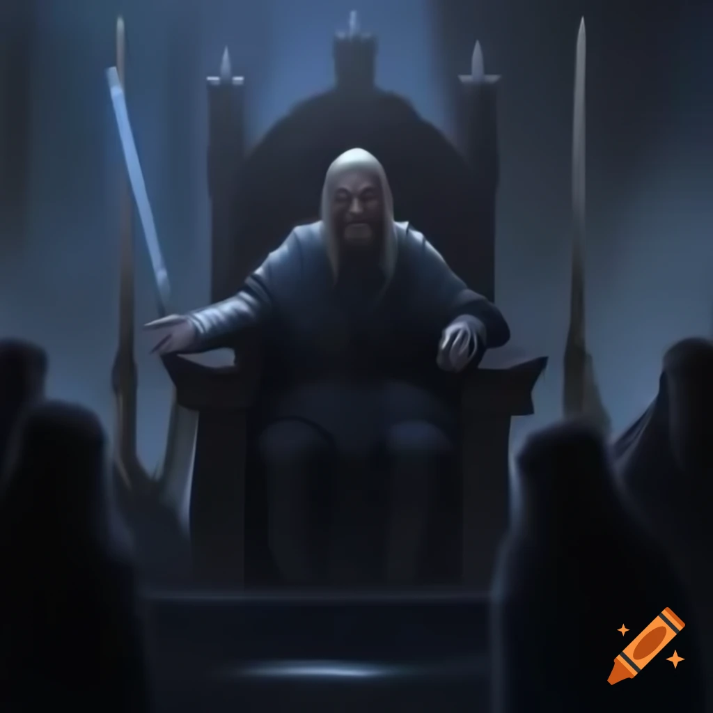 Illustration of King Elessar on throne in The Lord of the Rings, gazing at horizon