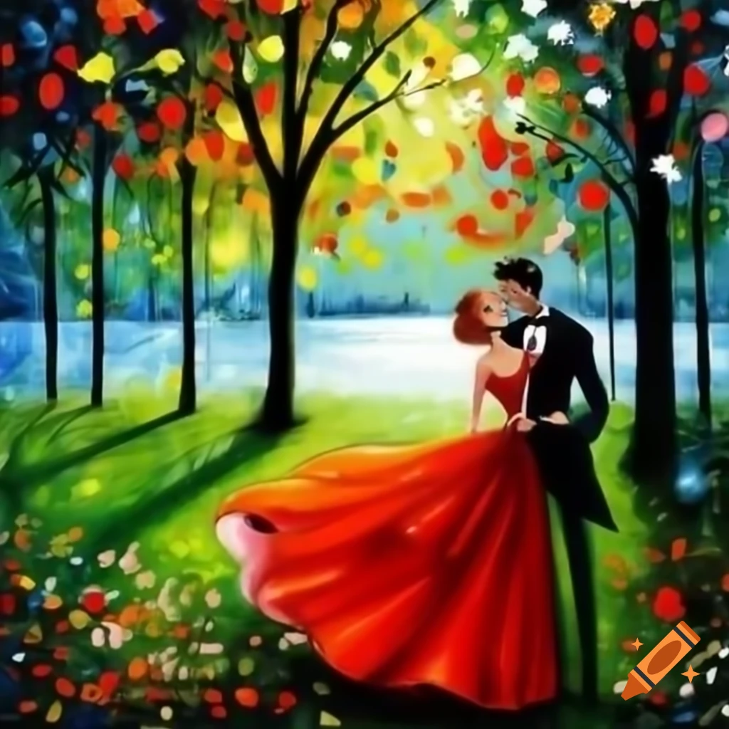 Couple in elegant clothing by park and lake in Afremov style, limited color palette