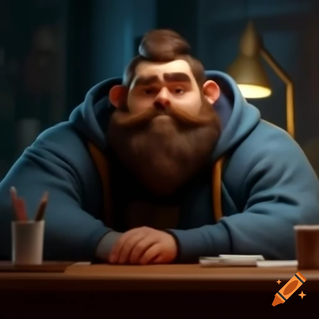 Designer with beard in hoodie sitting at table