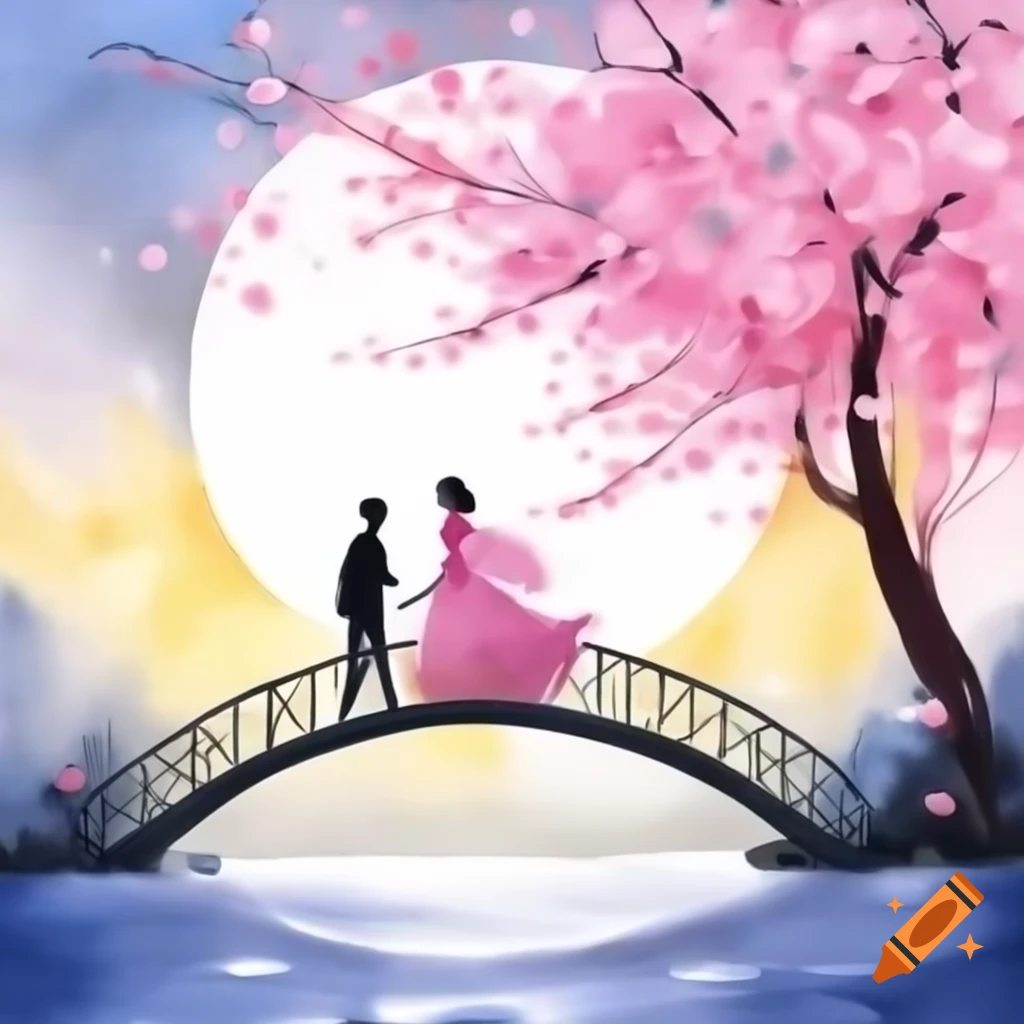 Couple silhouetted on arched bridge under cherry blossom tree with huge moon in watercolor