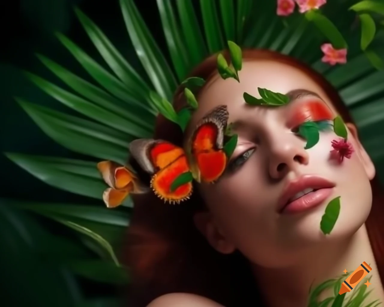Hyper-realistic portrayal in lush tropical setting capturing feminine allure