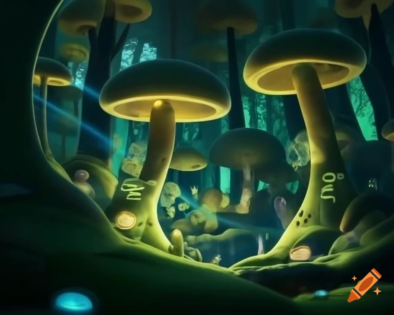 Surreal biopunk forest with glowing trees merging nature and technology