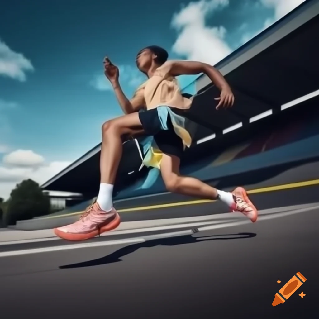 Prototype of a technical running shoe showcasing design aspects and slogans
