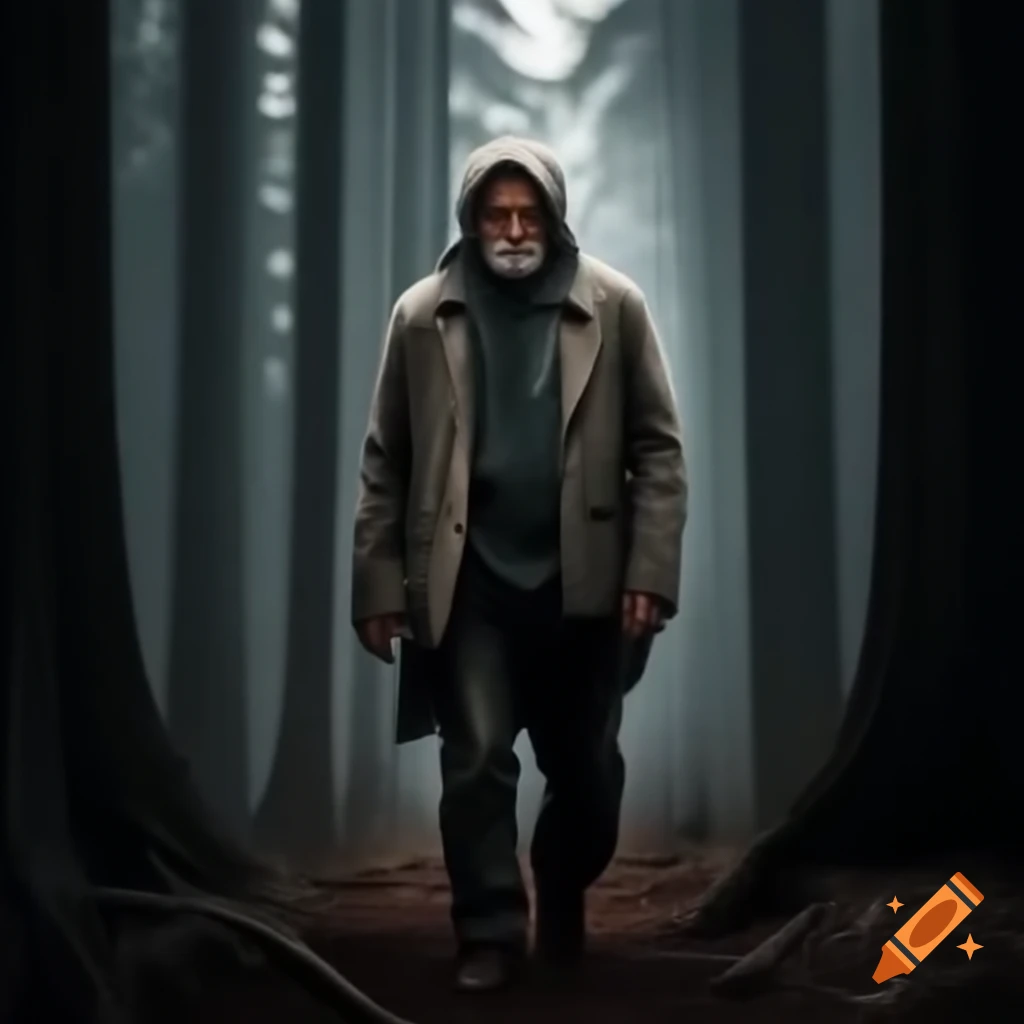 Weary man in tattered clothing walking through dark forest, expressing frustration