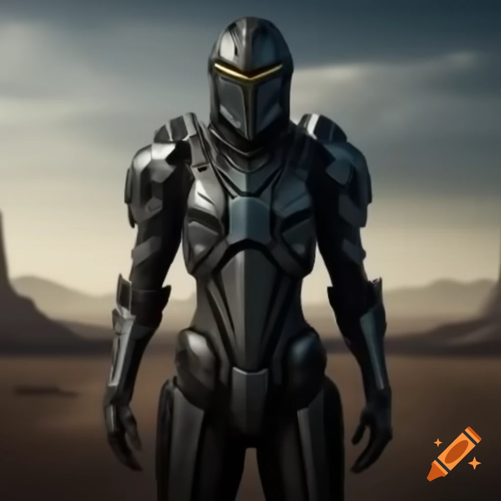 Slender futuristic knight standing in a wasteland