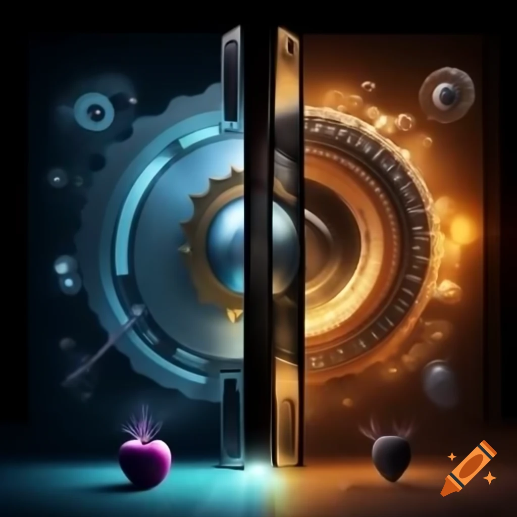 Split-screen image contrasting classical mechanics with gears and pendulum, and quantum mechanics with abstract wave patterns
