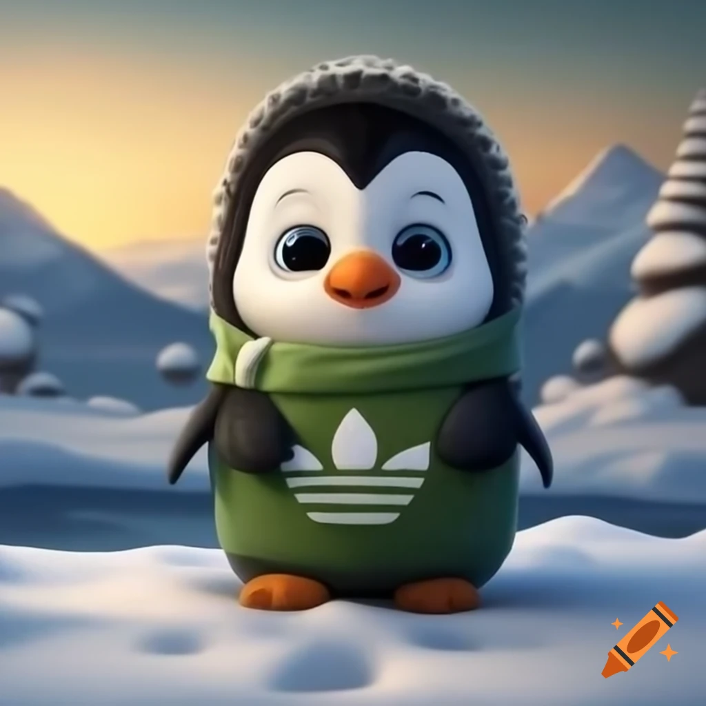 Cute penguin in green Adidas jacket sitting at café table