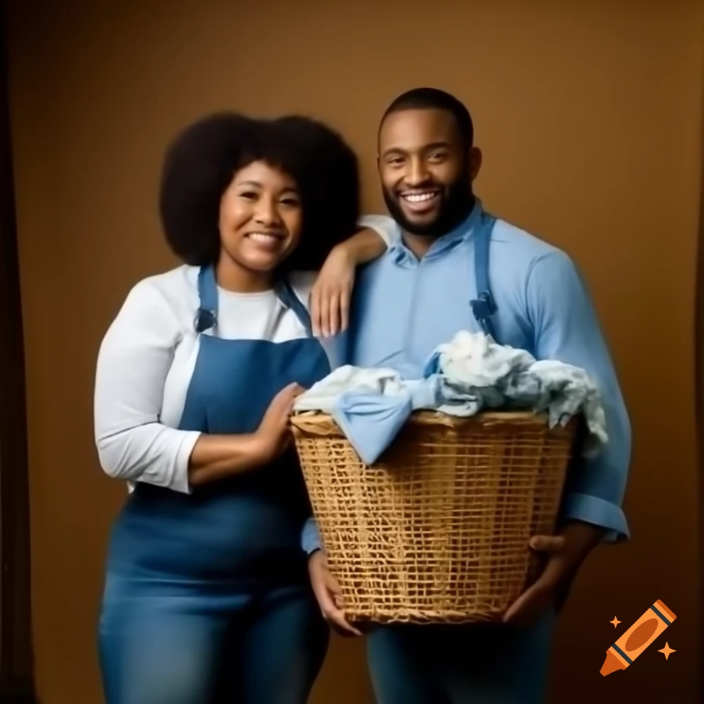 Happy Afro-American couple holding basket of laundry in warm studio setting
