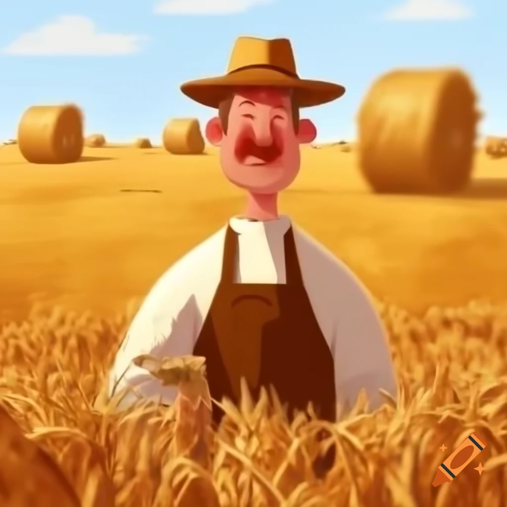 Farmer with ear of wheat in mouth in comic style, wheat field and hay bales in background