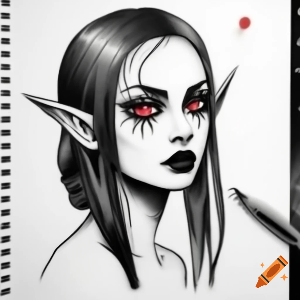Gothic female elf ink drawing with black and red accents tattoo style