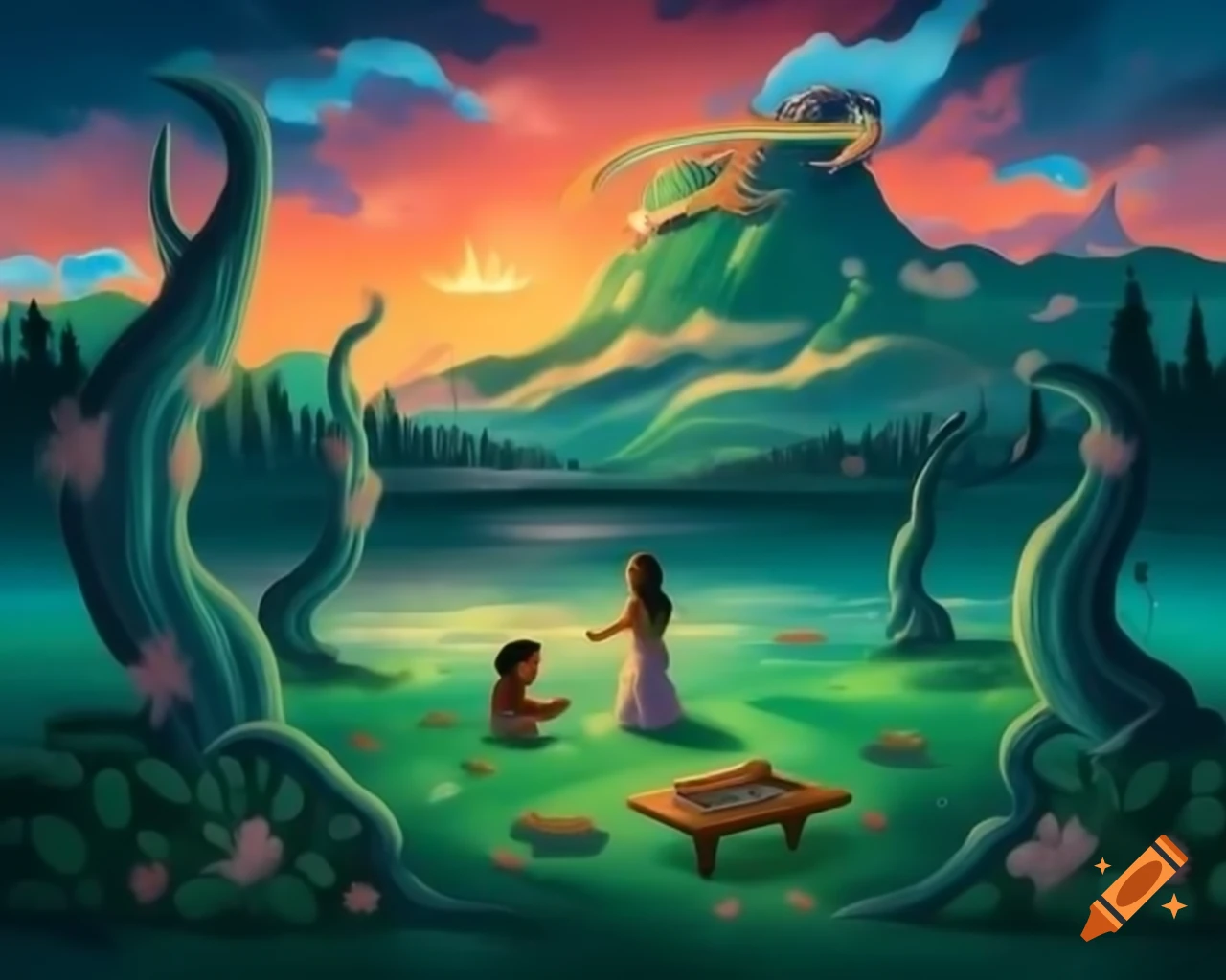 Surreal realm with porcelain fairy goddess in enchanted forest