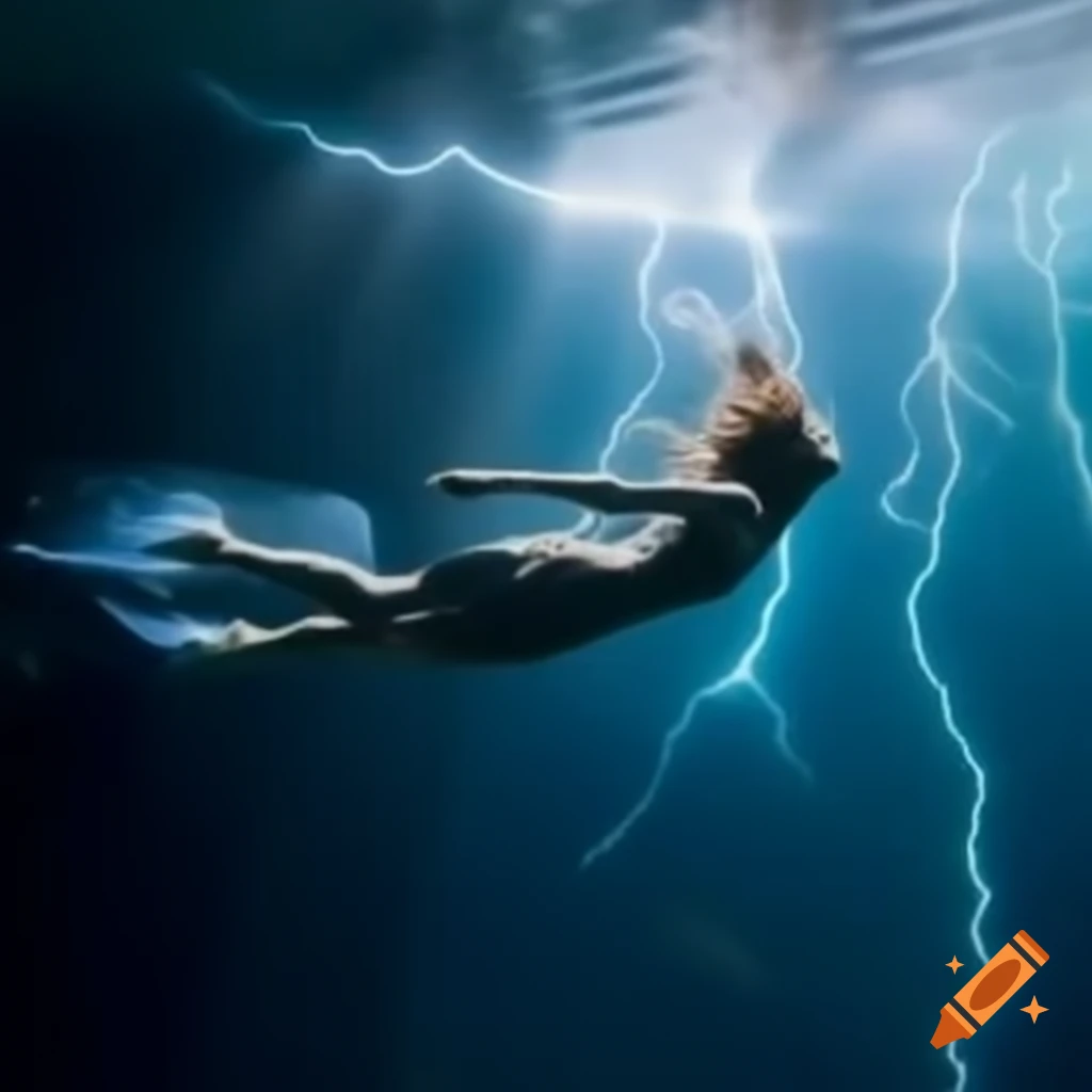 Woman swimming in aquarium as lightning strikes