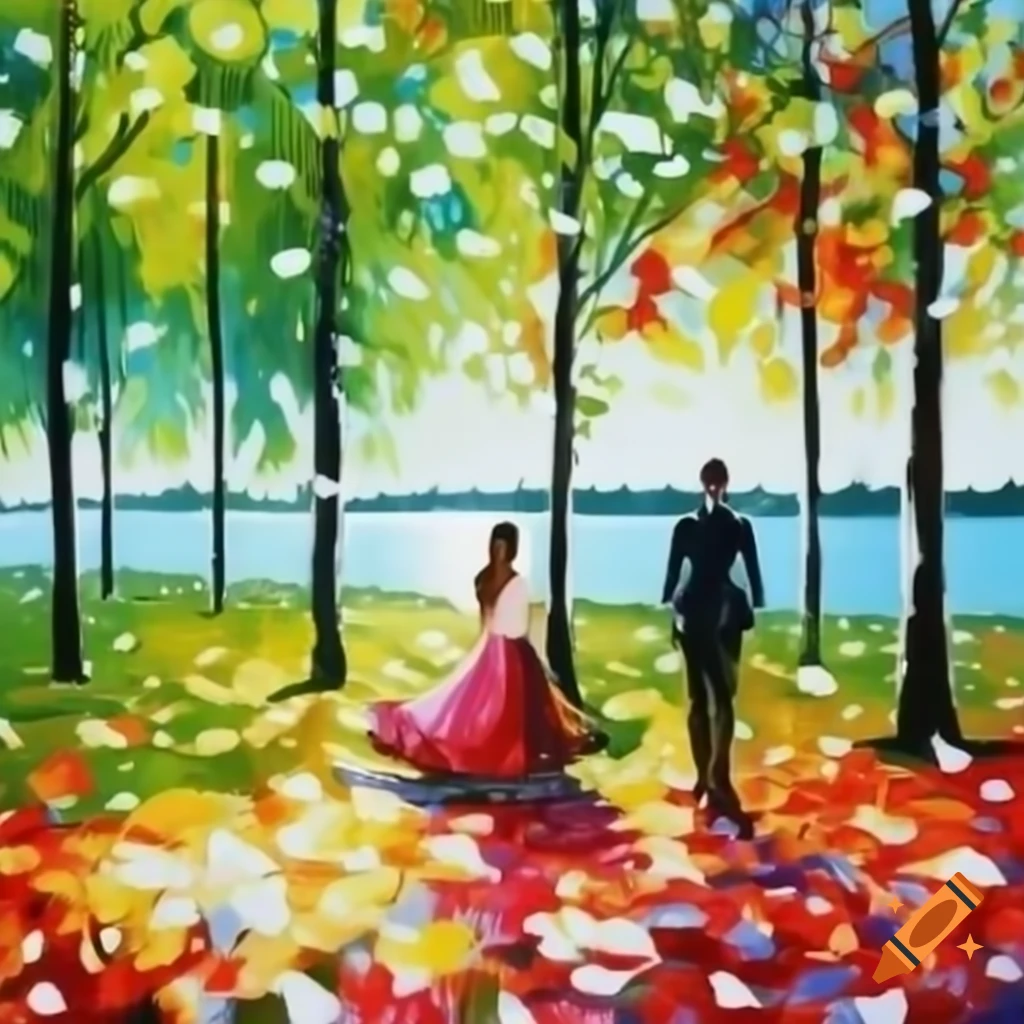 Couple in elegant clothing by park and lake in Afremov style, limited color palette