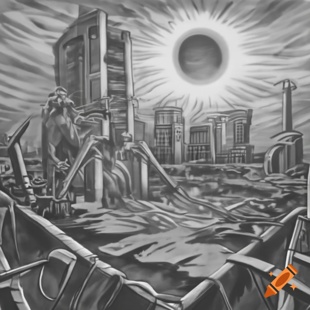 Pen and ink drawing of sun over a desolate ruined cityscape