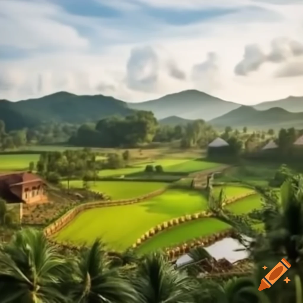 Rural Thai landscape featuring rice fields and traditional Thai houses