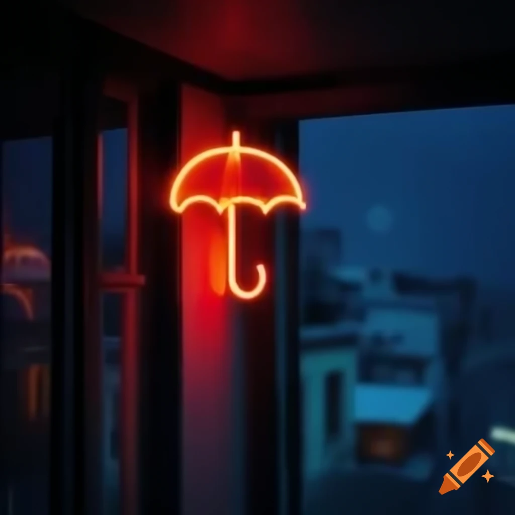 Neon sign of a red umbrella illuminated in a downtown window at night