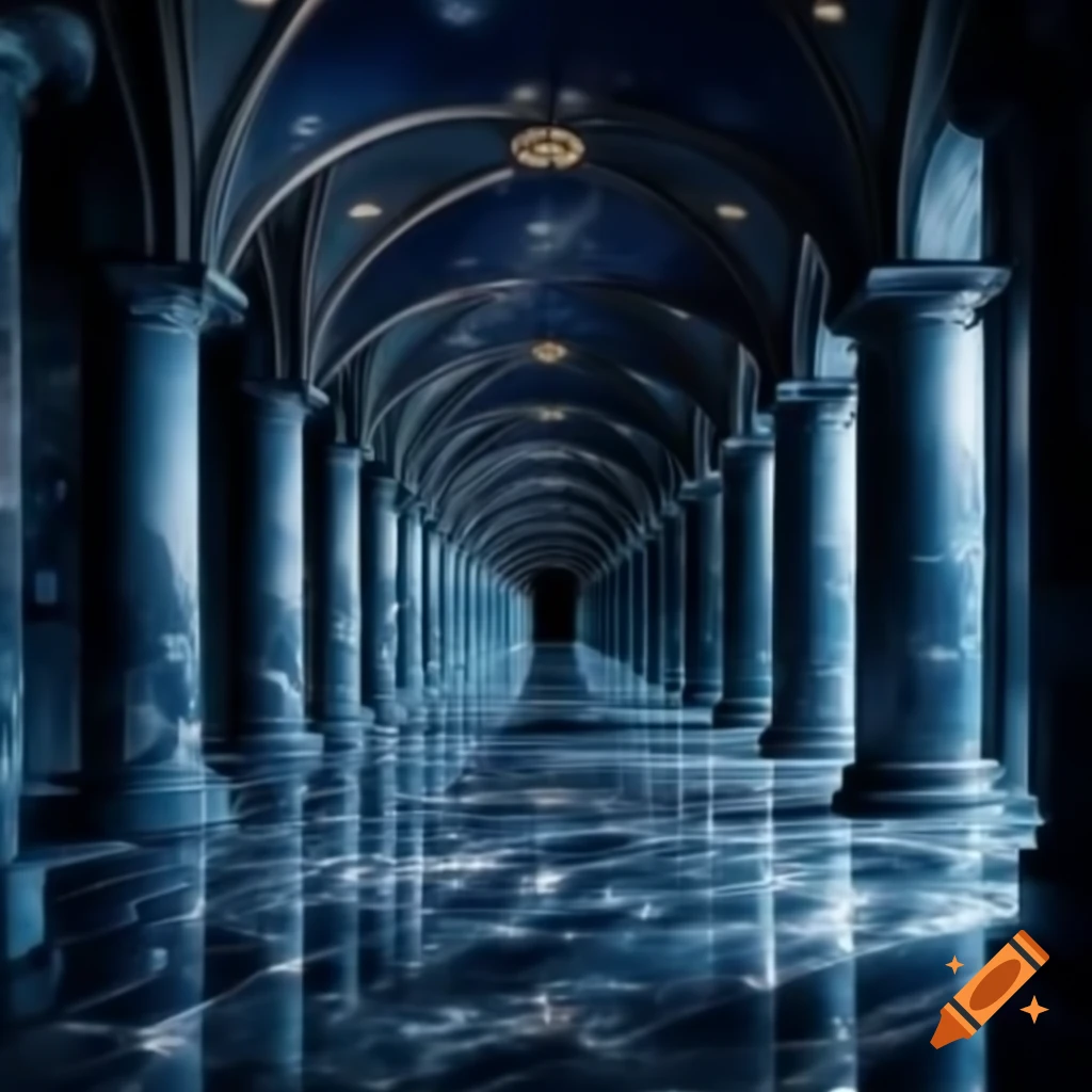 Dark blue marble hallways with sloped ceilings and glittering stars