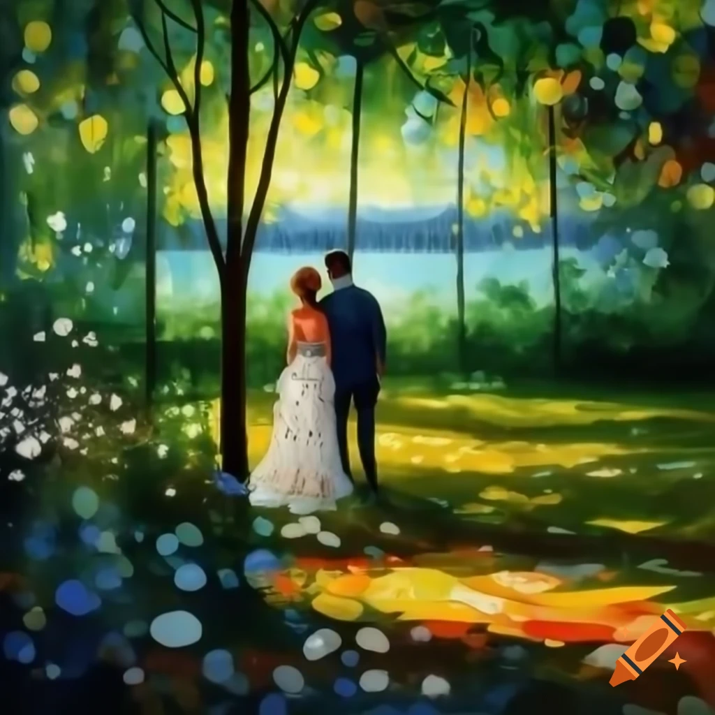 Couple in elegant clothing by a lake in park, painted in style of Leonid Afremov