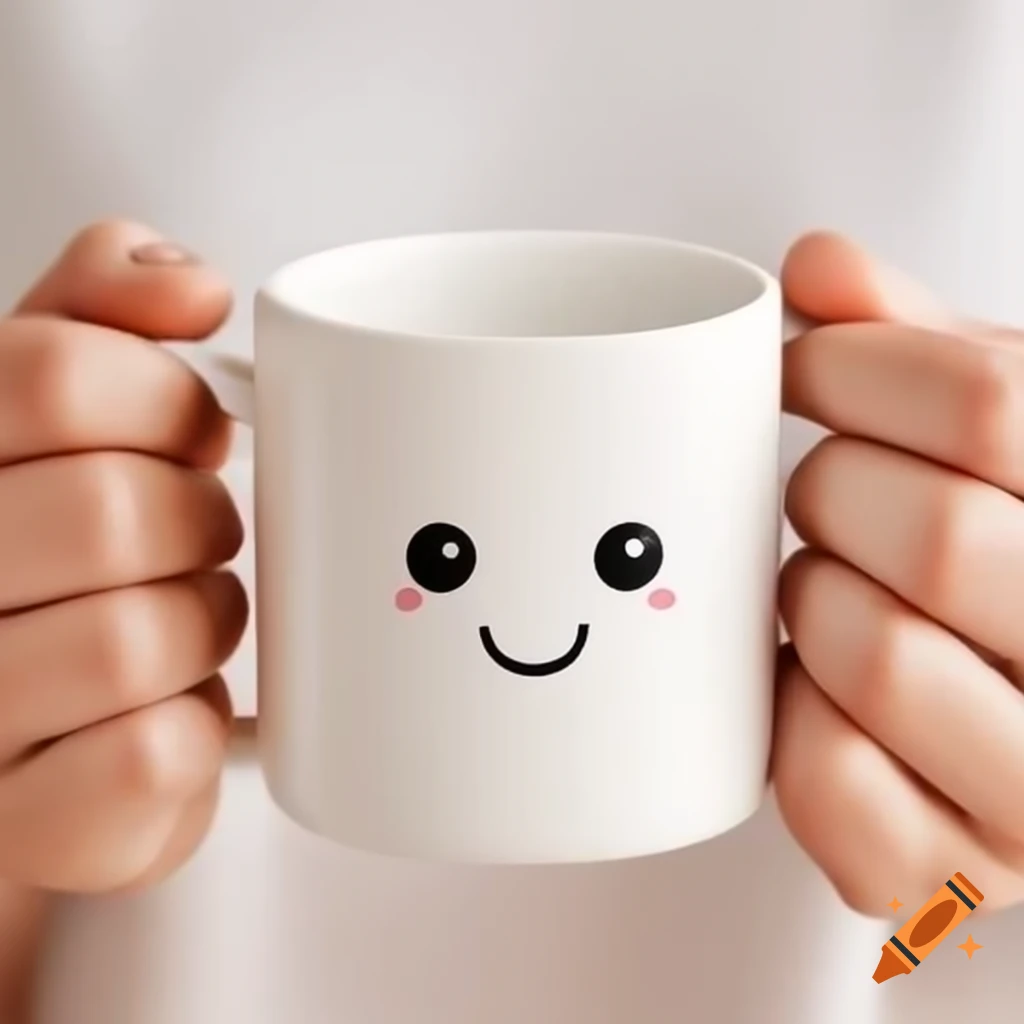 Cartoon mug held by a left hand