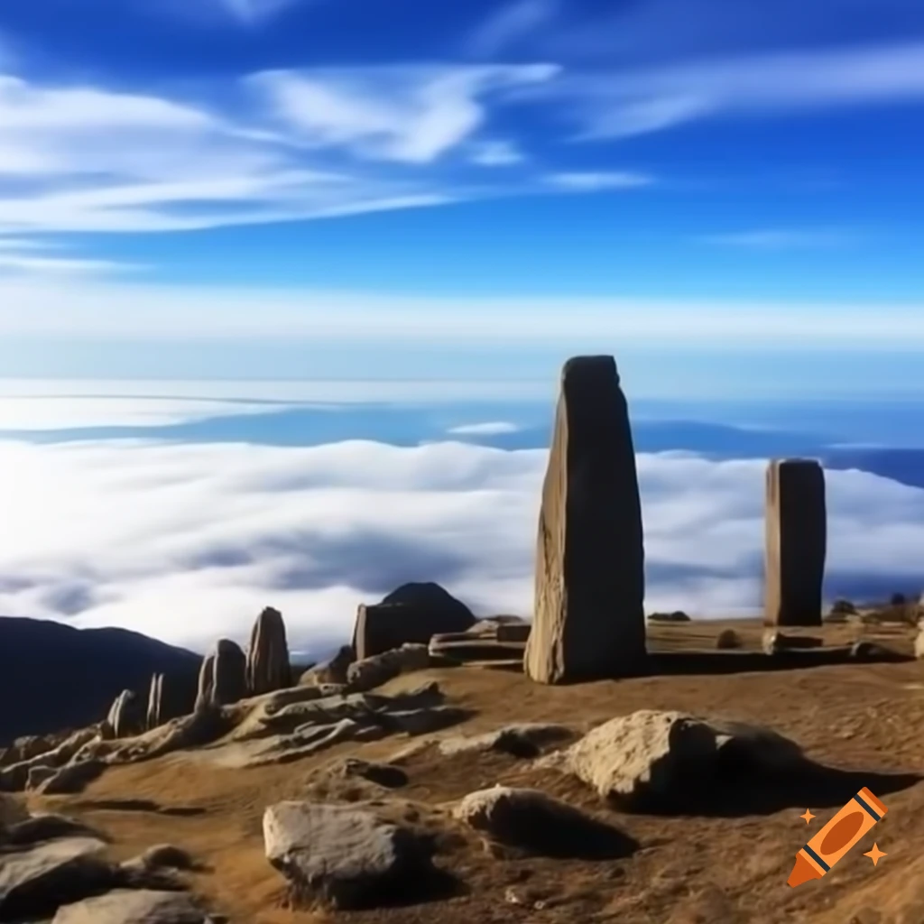 Stone monoliths at mountain cliff overlooking sky and clouds