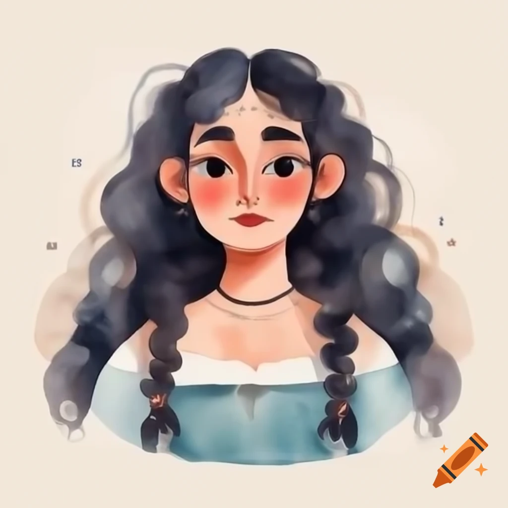 Whimsical drawing of a medieval peasant woman with dark curly hair and a charming smile