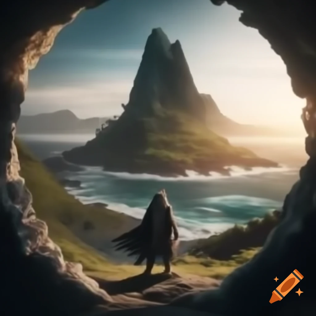 Warlock on mountain cliff overlooking ocean at sunrise with stone circle