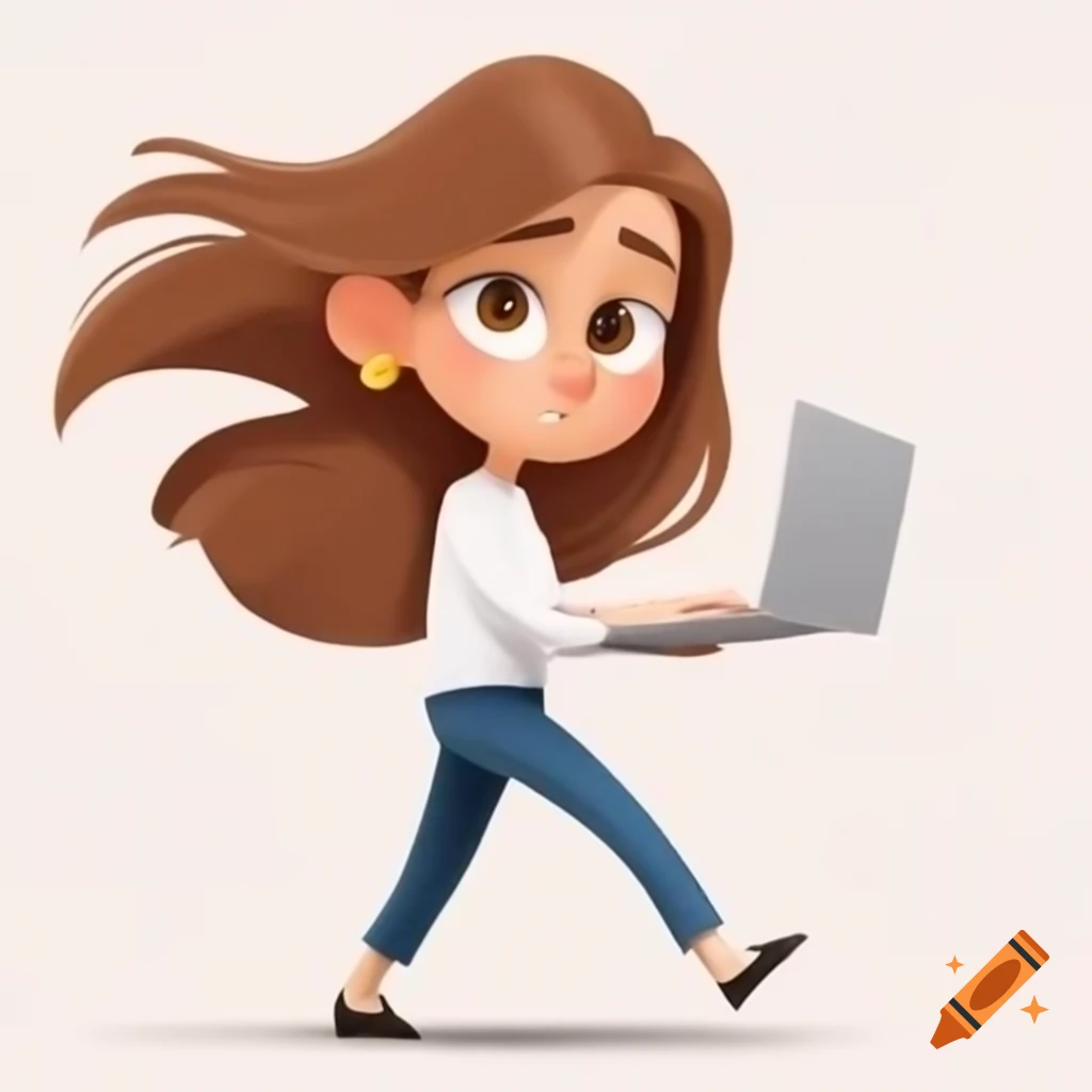 Happy determined woman with laptop and pencil walking confidently
