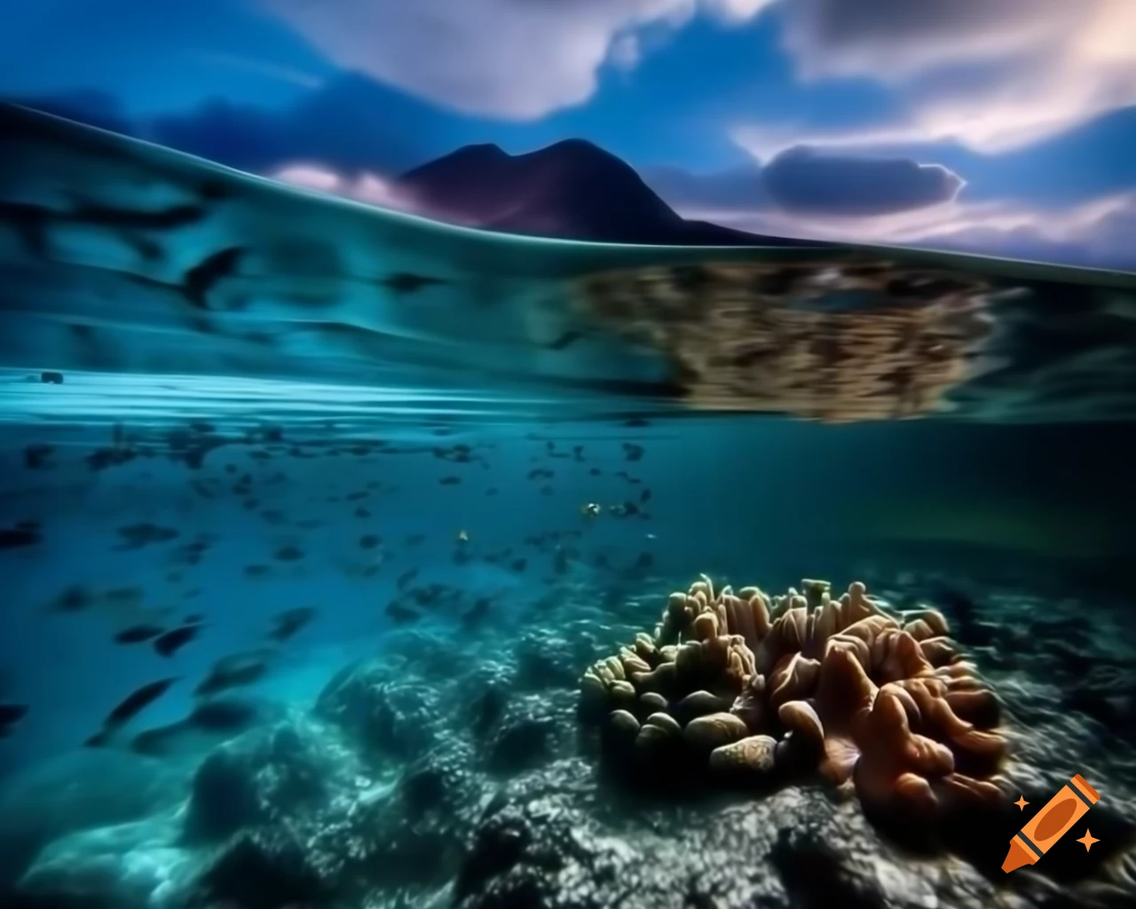 Mystical ocean mountain lake with clear waters and colorful fish among coral
