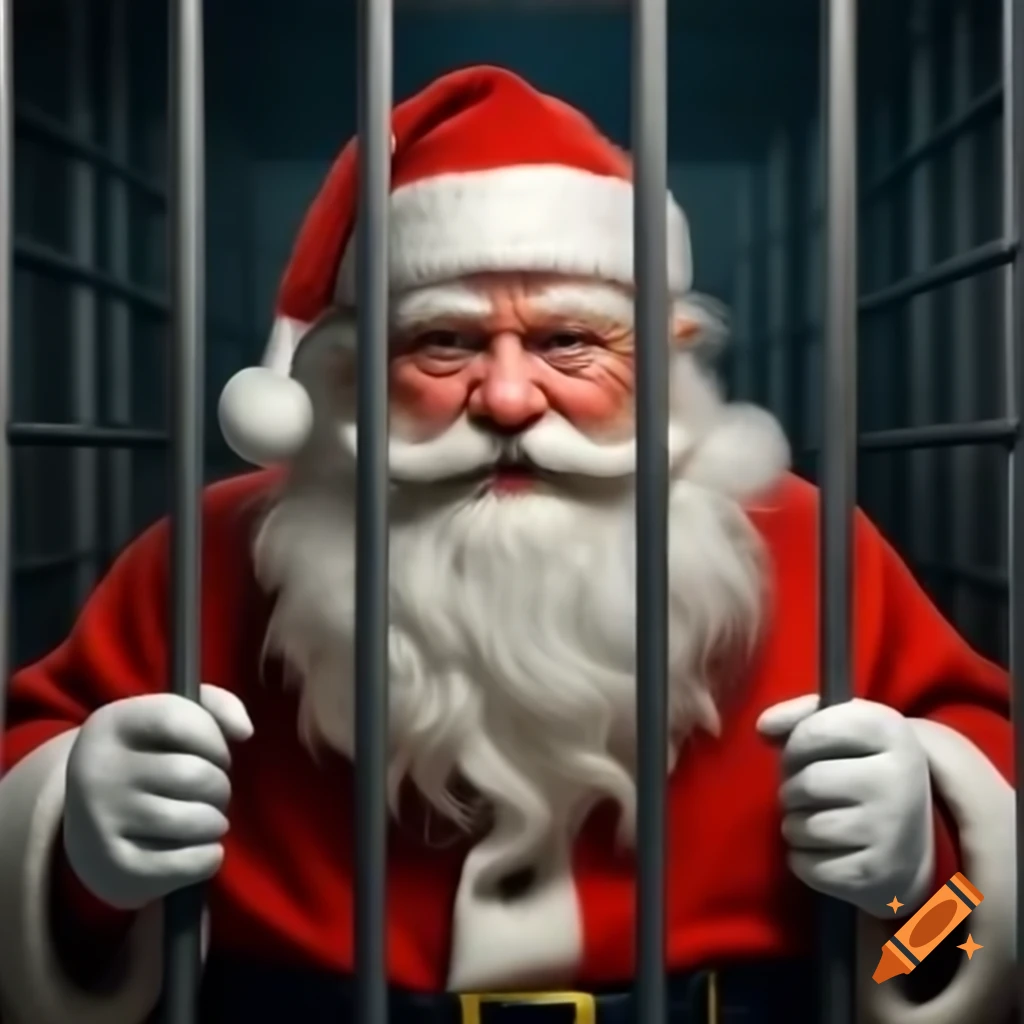 Santa Claus behind bars in classic red suit, looking happy