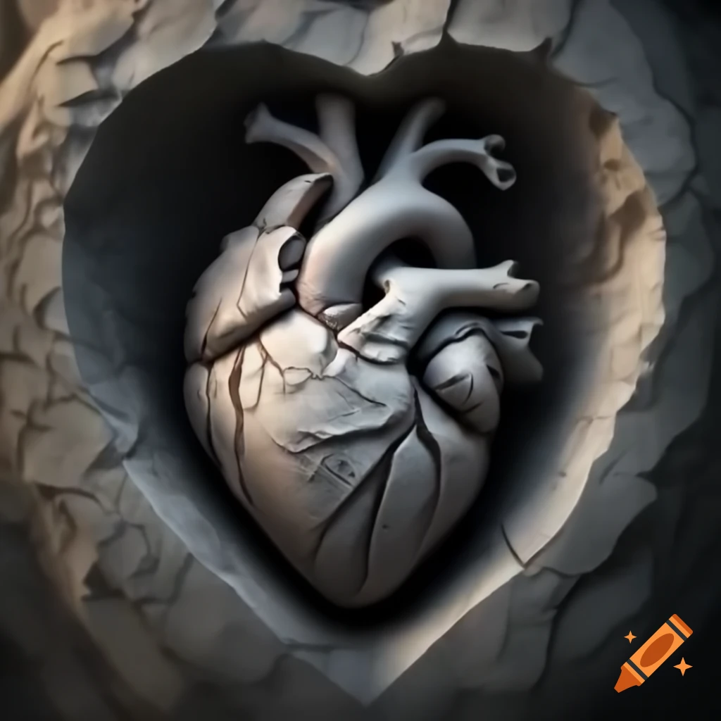 Intricate gray stone sculpture of human heart with detailed valves and chambers