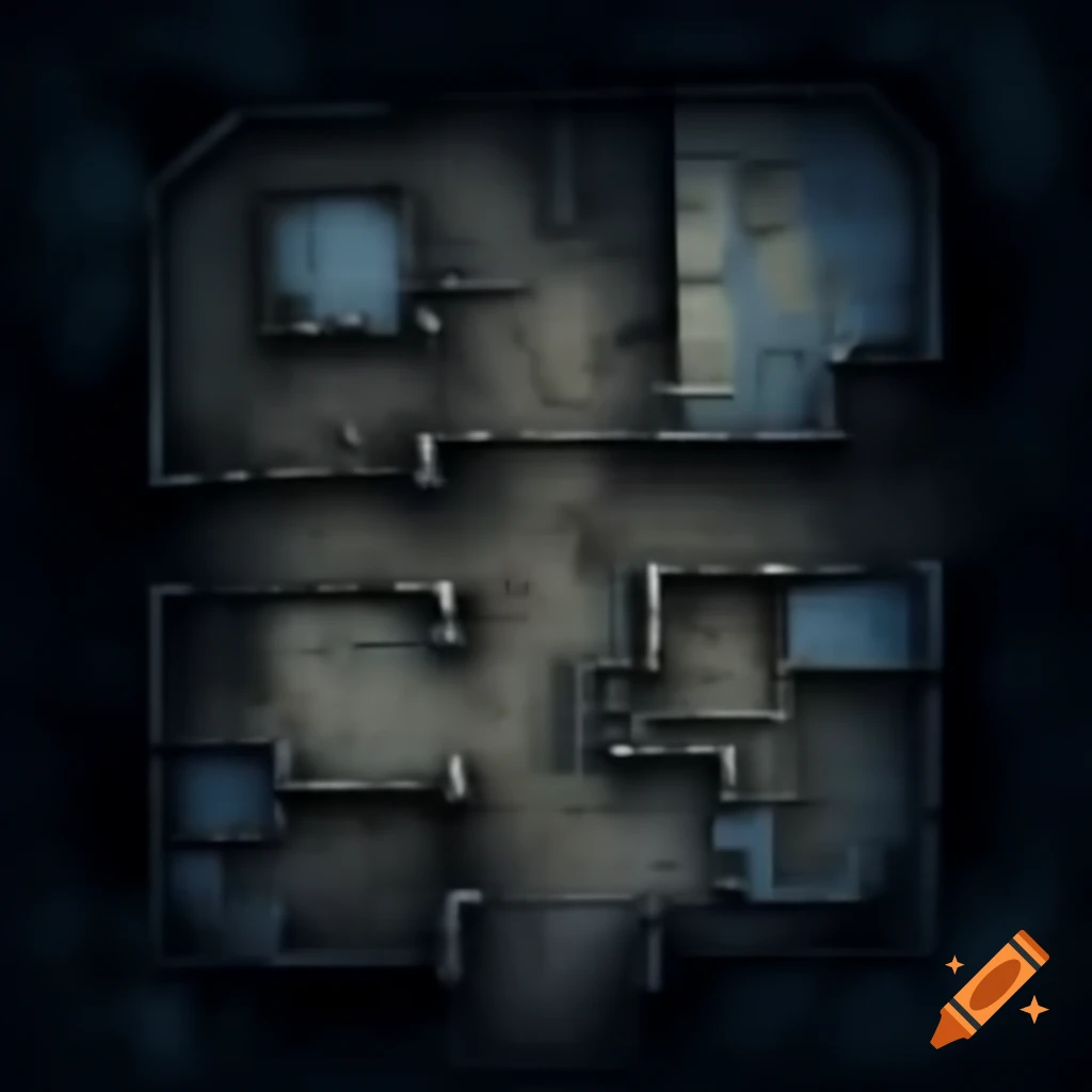 2D map layout of a dark aesthetic abandoned laboratory