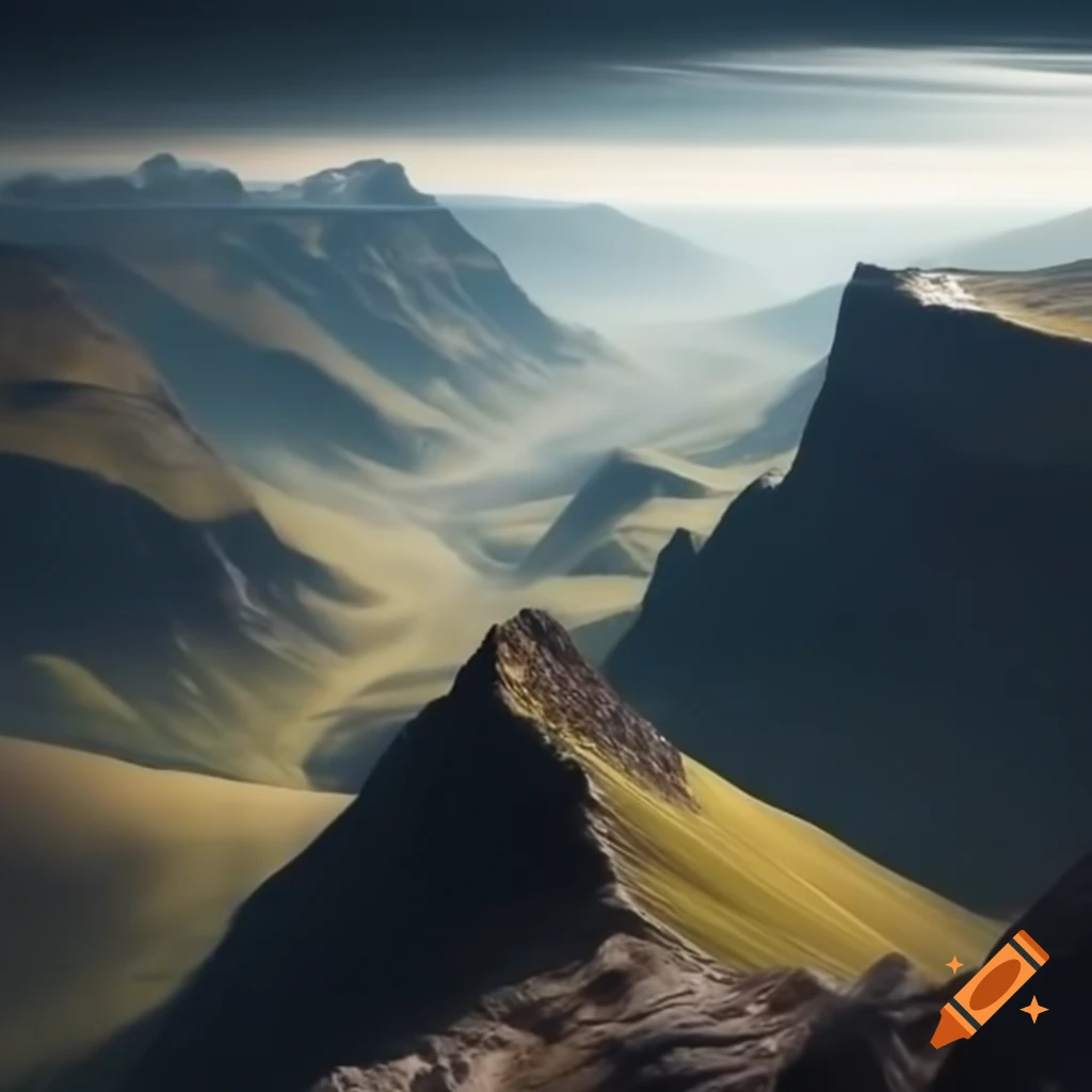 Photorealistic panoramic view of valley from mountain top