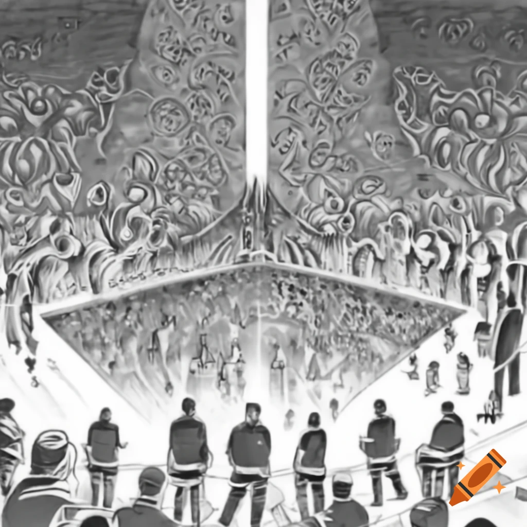 Black and white drawing of tall tower with crowd of people fighting to enter