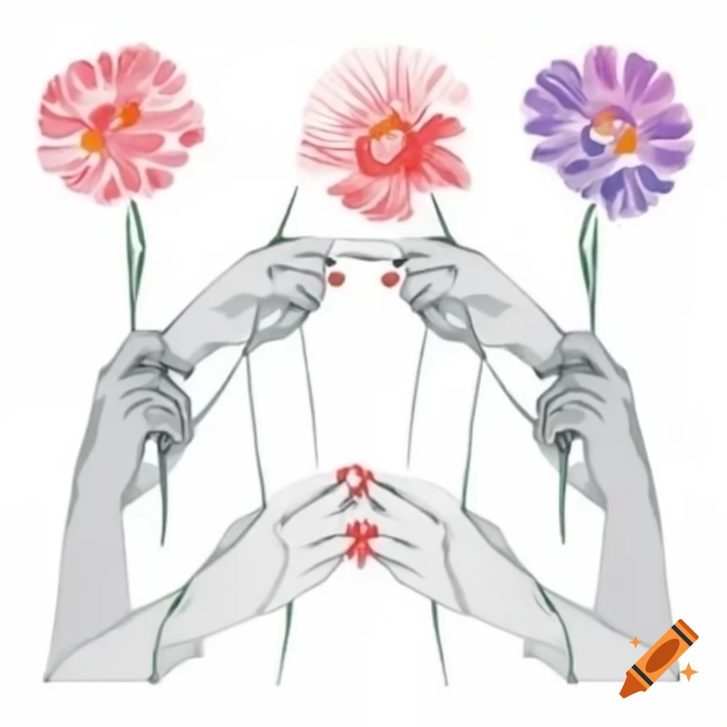 Surreal stenciled artwork of bouquet being handed by two hands