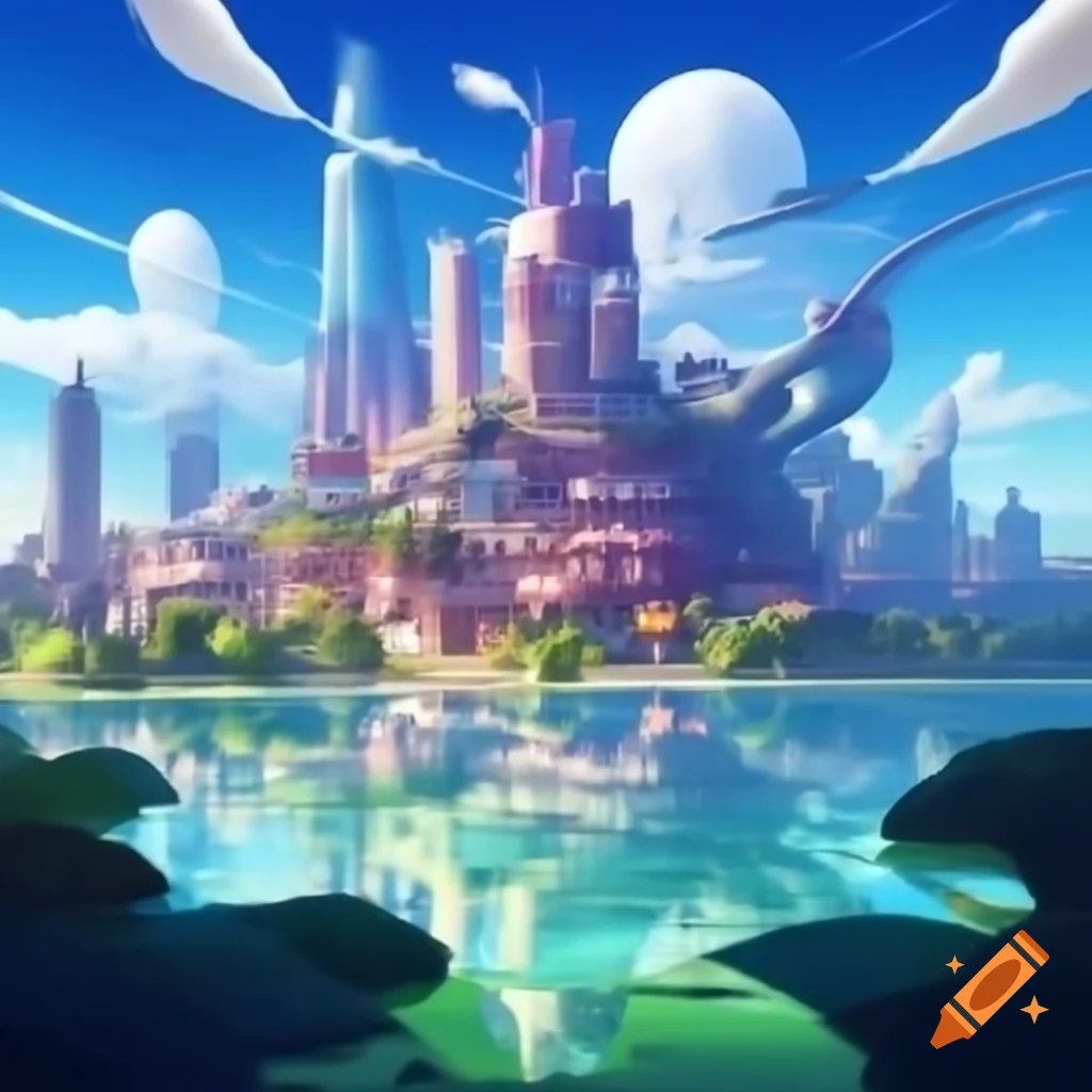 Vibrant city with impossible structures and whimsical skyline reflected in clear lake