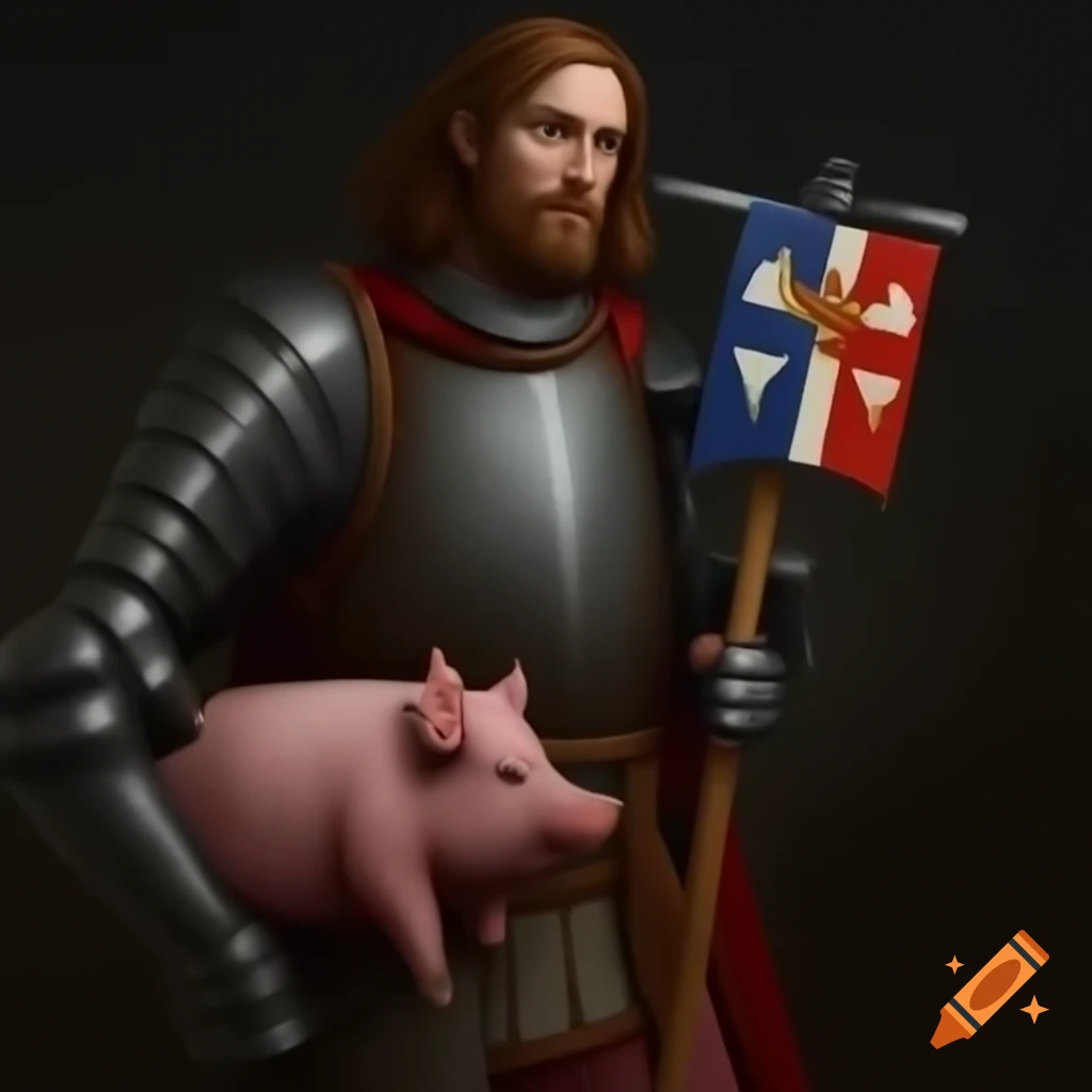 Medieval knight jousting with banner featuring a pig and name "Sir Marsden"