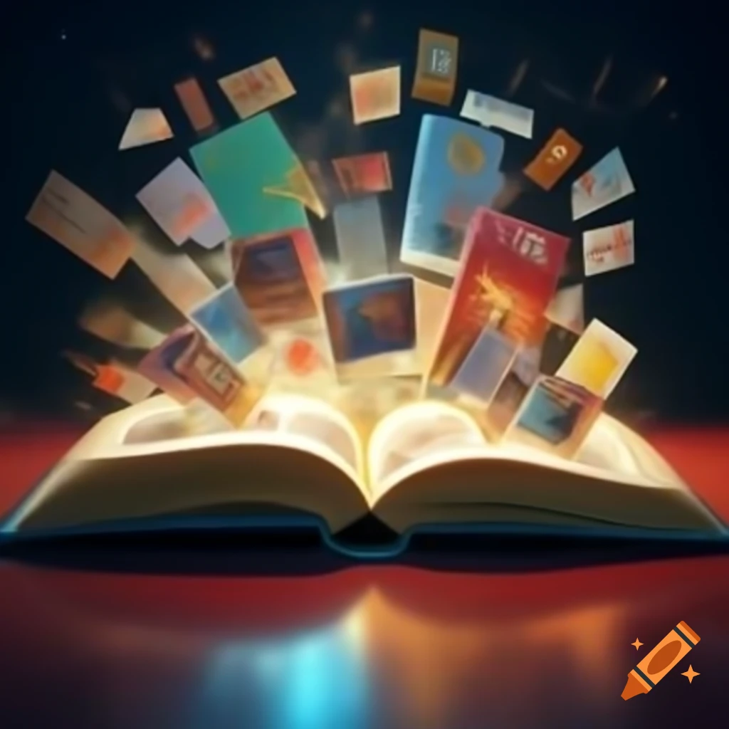 Open book with vivid illustrations contrasting with movie screen