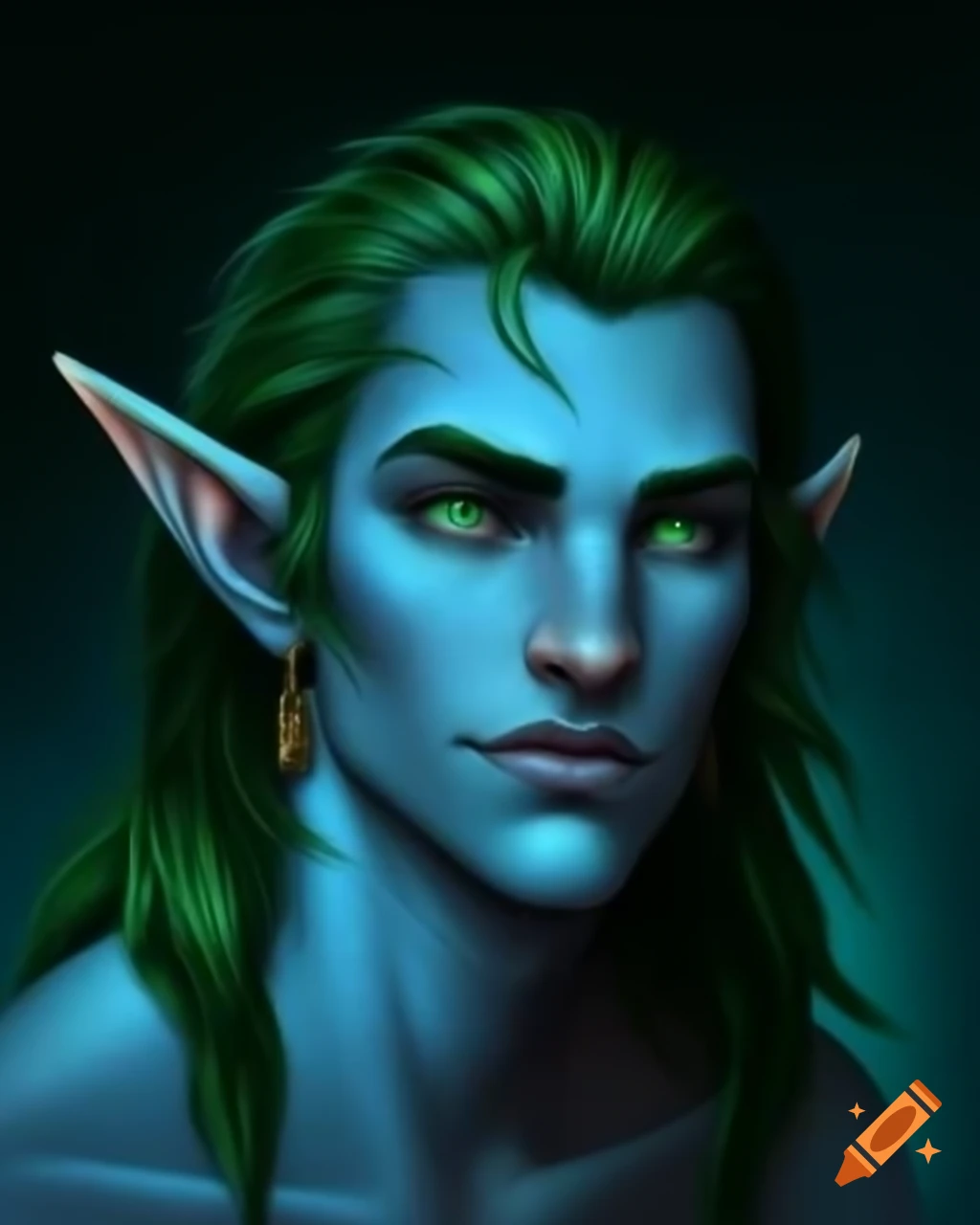 Male sea elf bard with green hair and blue skin