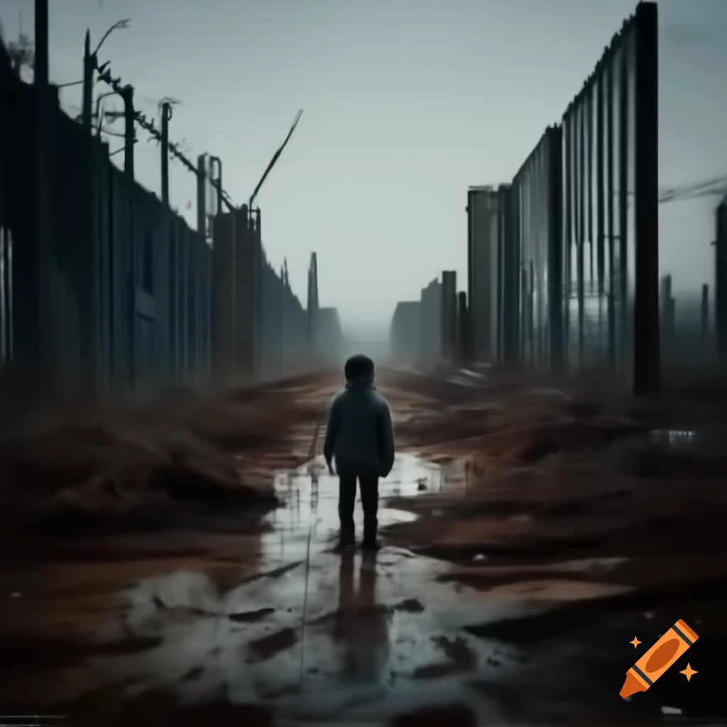 Child behind rusted fences in a post-apocalyptic landscape