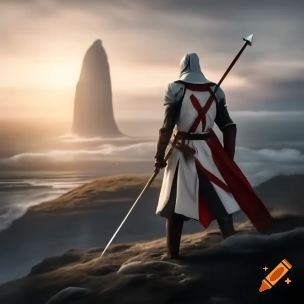 Templar warrior on mountain cliff overlooking ocean at sunrise