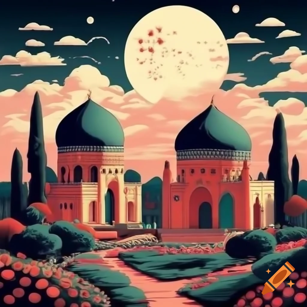 Persian domes and arches in flower garden with cypress trees and detailed moon, ukiyo-e style