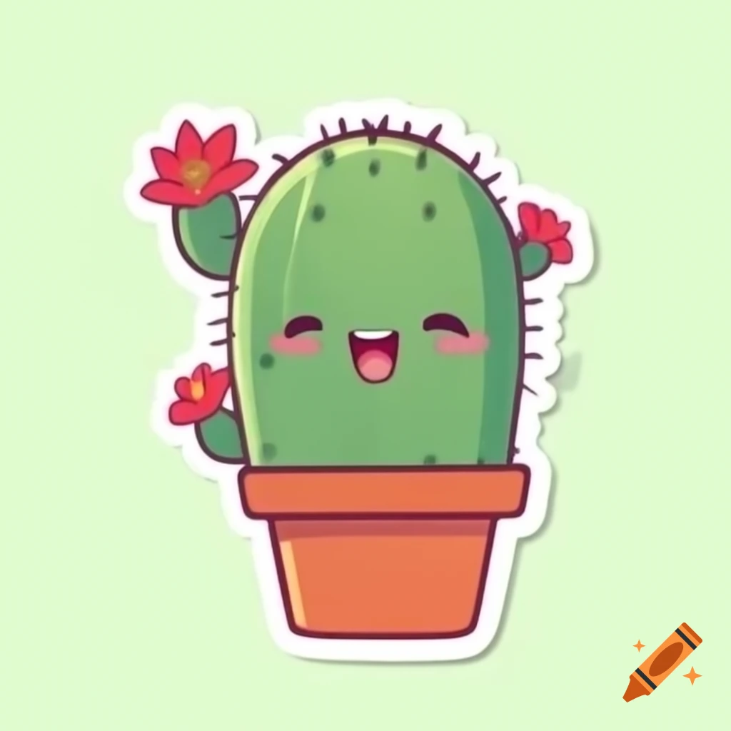 Circular sticker design featuring joyful cactus with flowers and slogan Stay Sharp and Positive