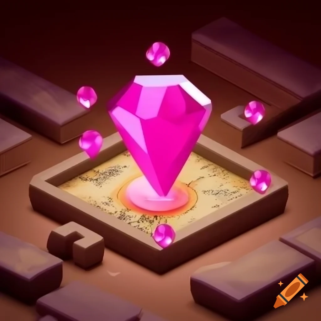 Pink gems bursting from an ancient map game icon